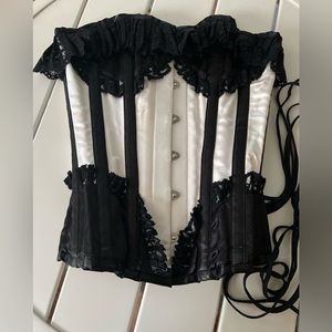 Black and White Striped Steel Boned Corset With Black Lace